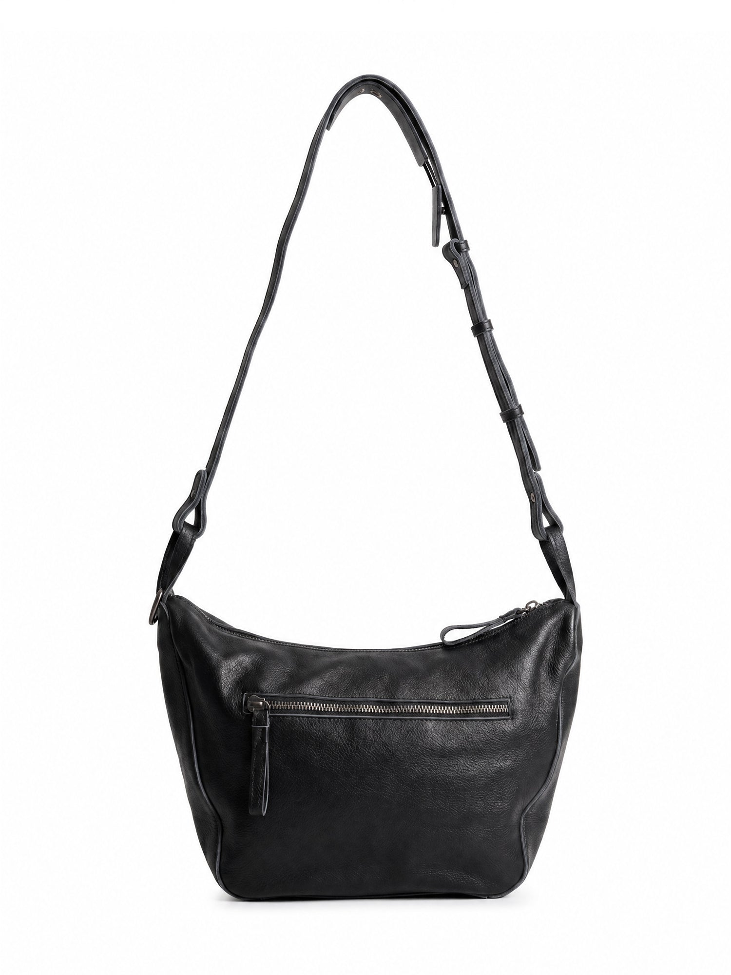 Black leather evening bag with thin strap and ring