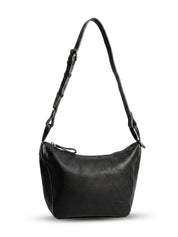 Black leather evening bag with thin strap and ring