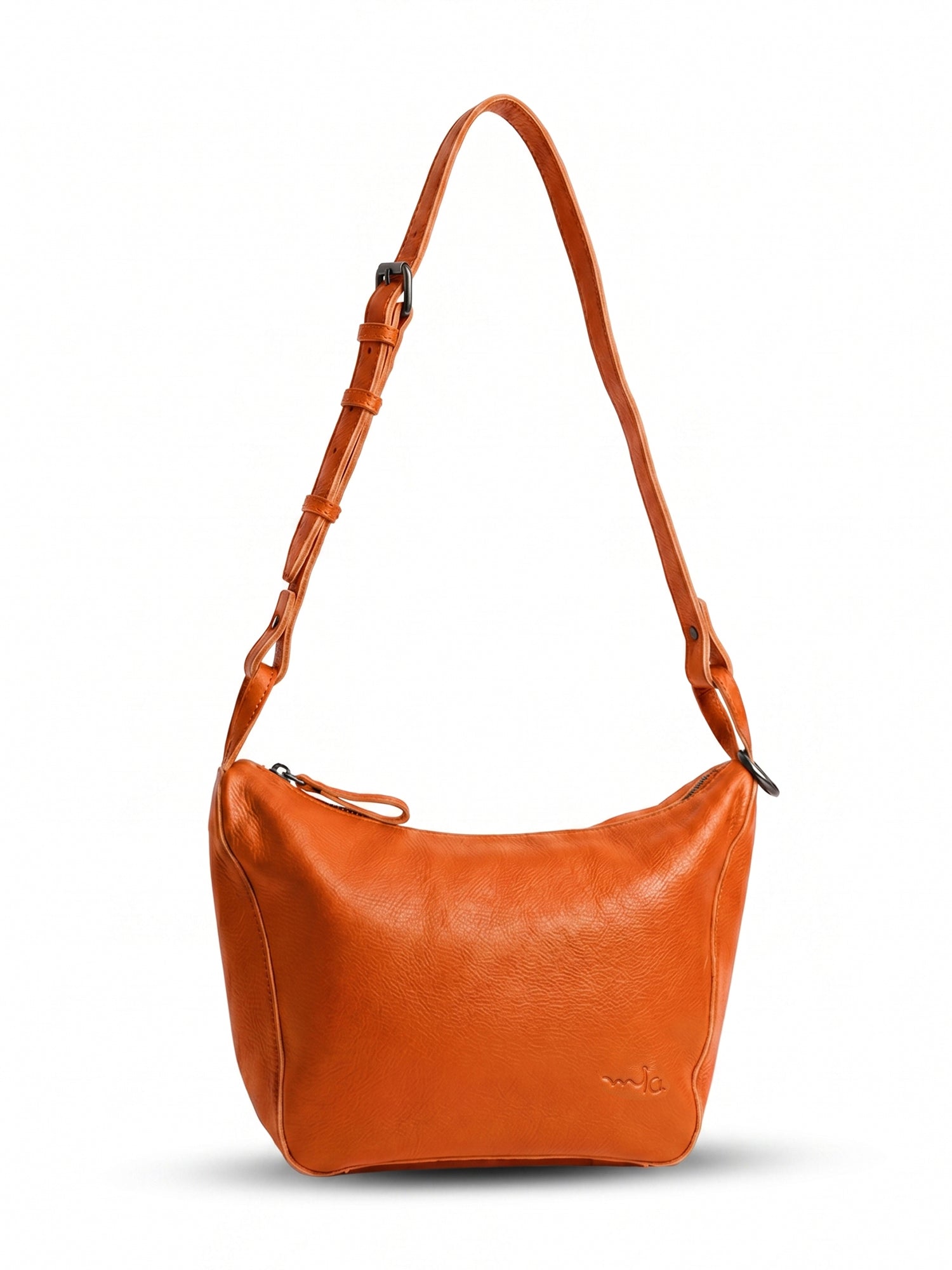 Orange leather evening bag with thin strap and ring