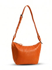 Orange leather evening bag with thin strap and ring
