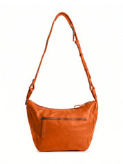 Orange leather evening bag with thin strap and ring