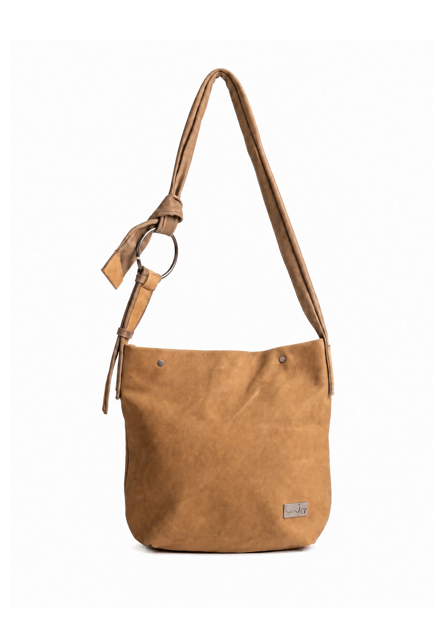 Leather bag with a strap that ties to a brown ring