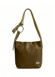 Leather bag, strap attaches to green ring