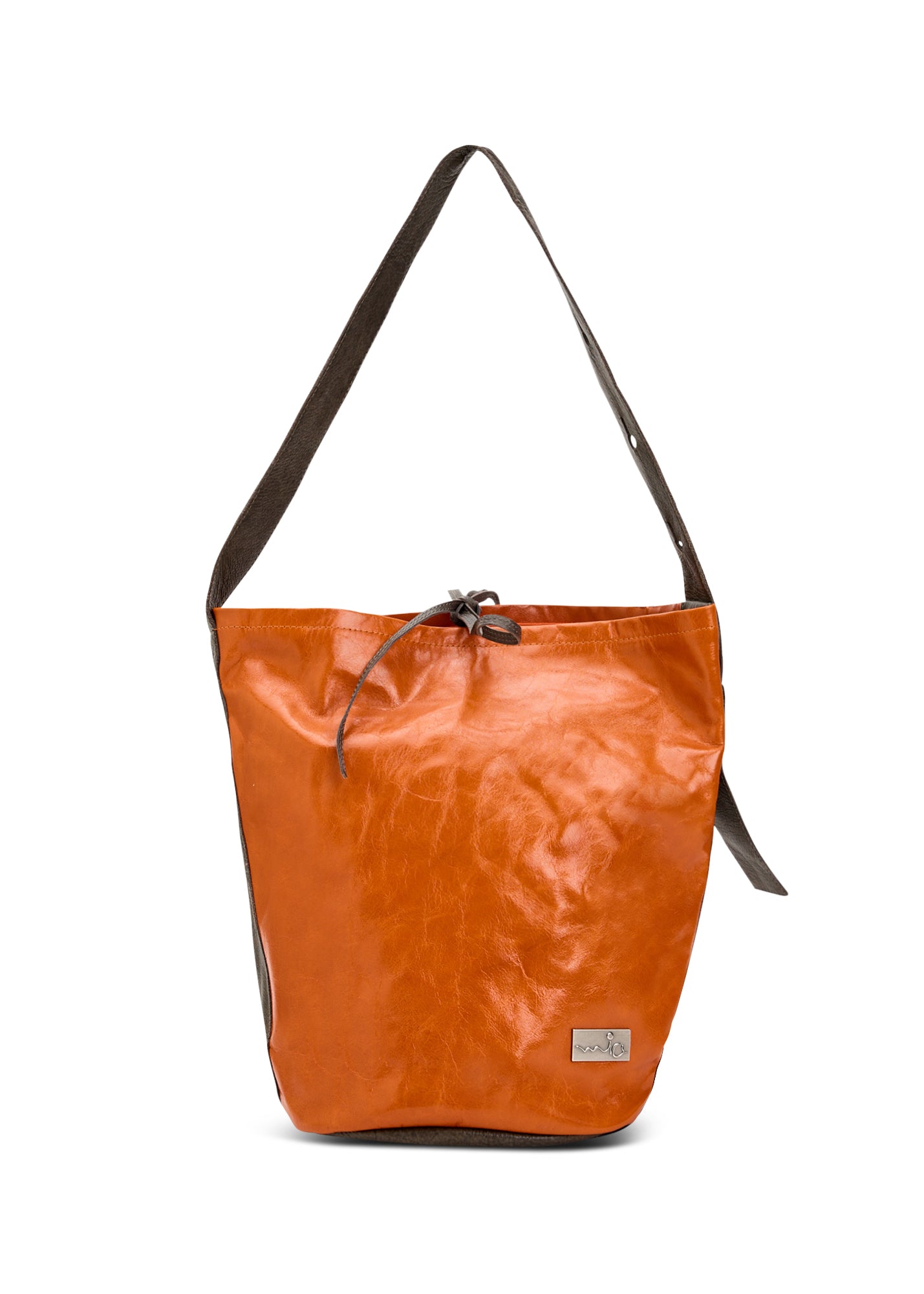 Leather bucket bag with orange button strap