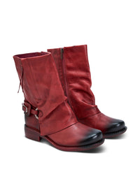 Wash leather boots zipper and strap with red buckle - 37