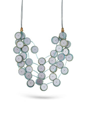 Handmade necklace with coconut buttons, sequins and light blue plastic beads