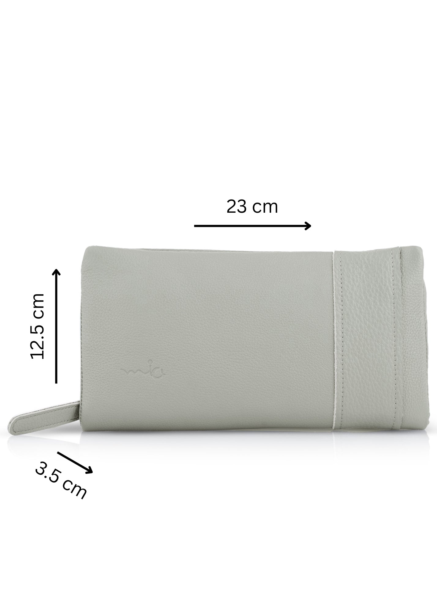 Rectangular wallet with a sewn-on outer gray embossed strap