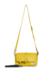 Leather evening bag with buckle closure and additional strap, mustard