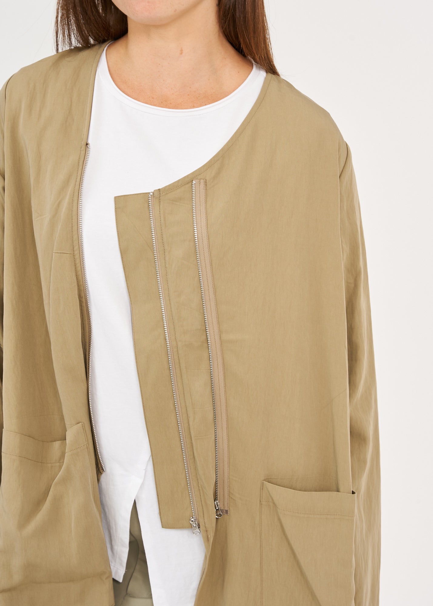 Brown long sleeve top with two zippers