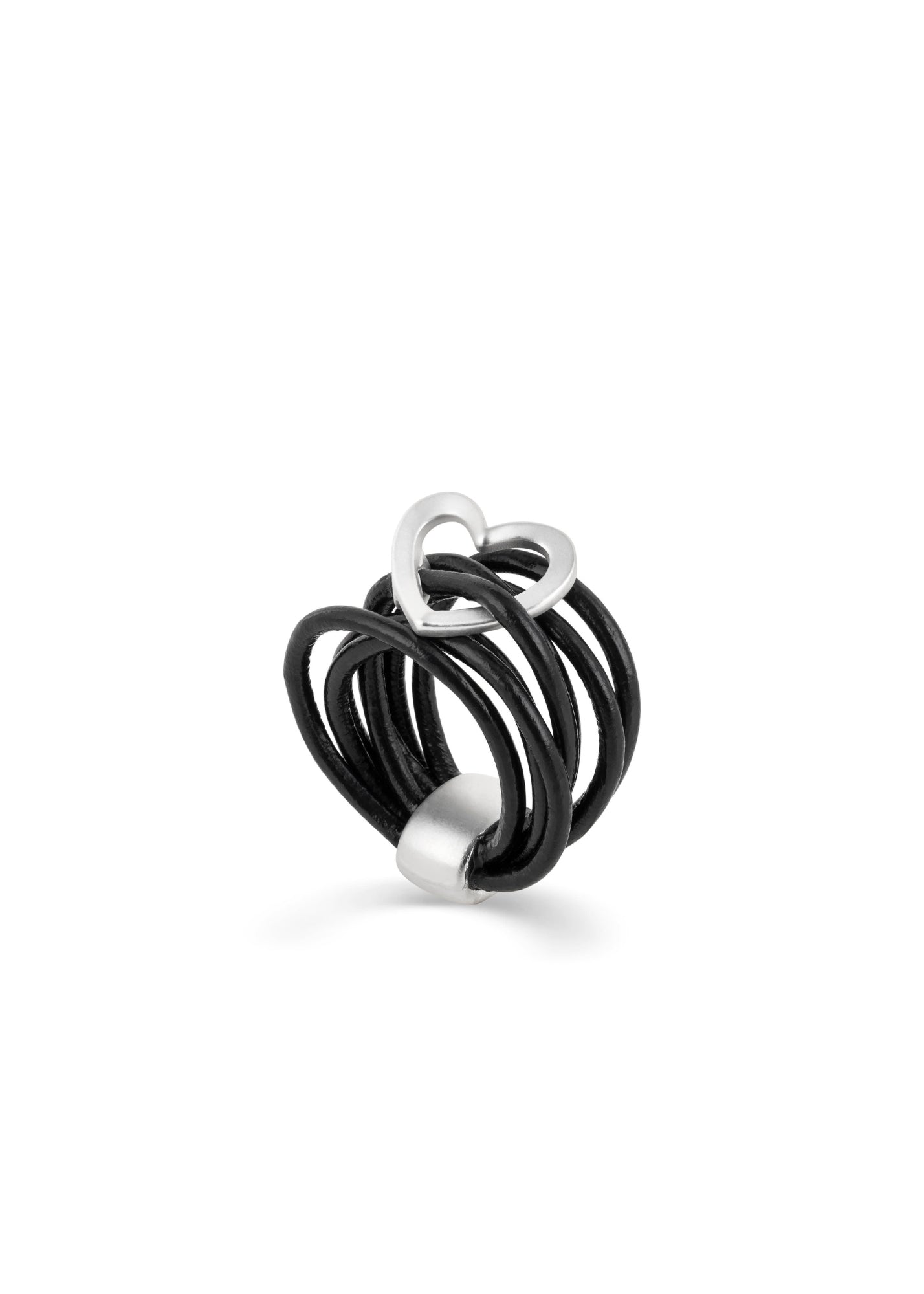 Ring with leather straps and a black metal heart