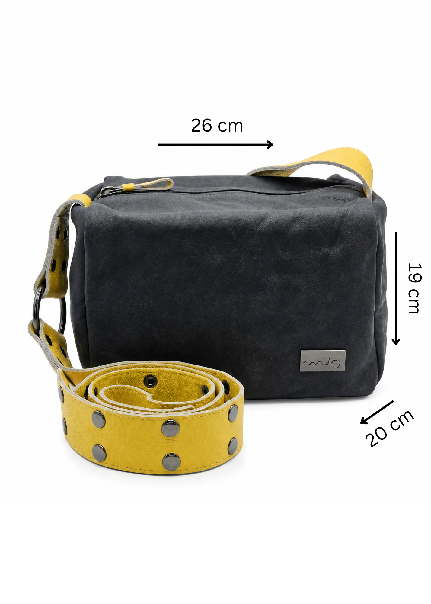 Leather bag, strap with snap fasteners, mustard