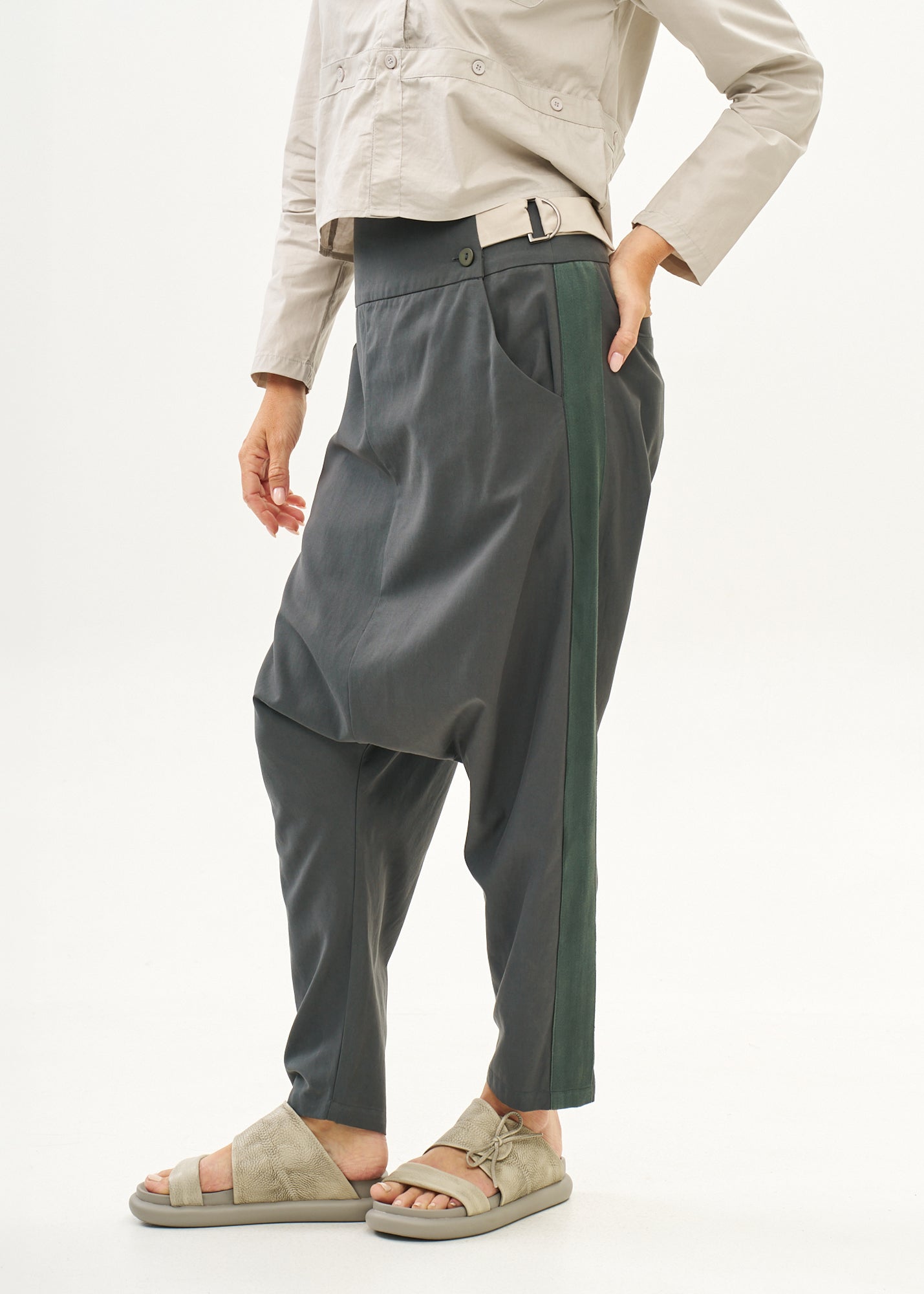 Trousers two buckles green tape combination