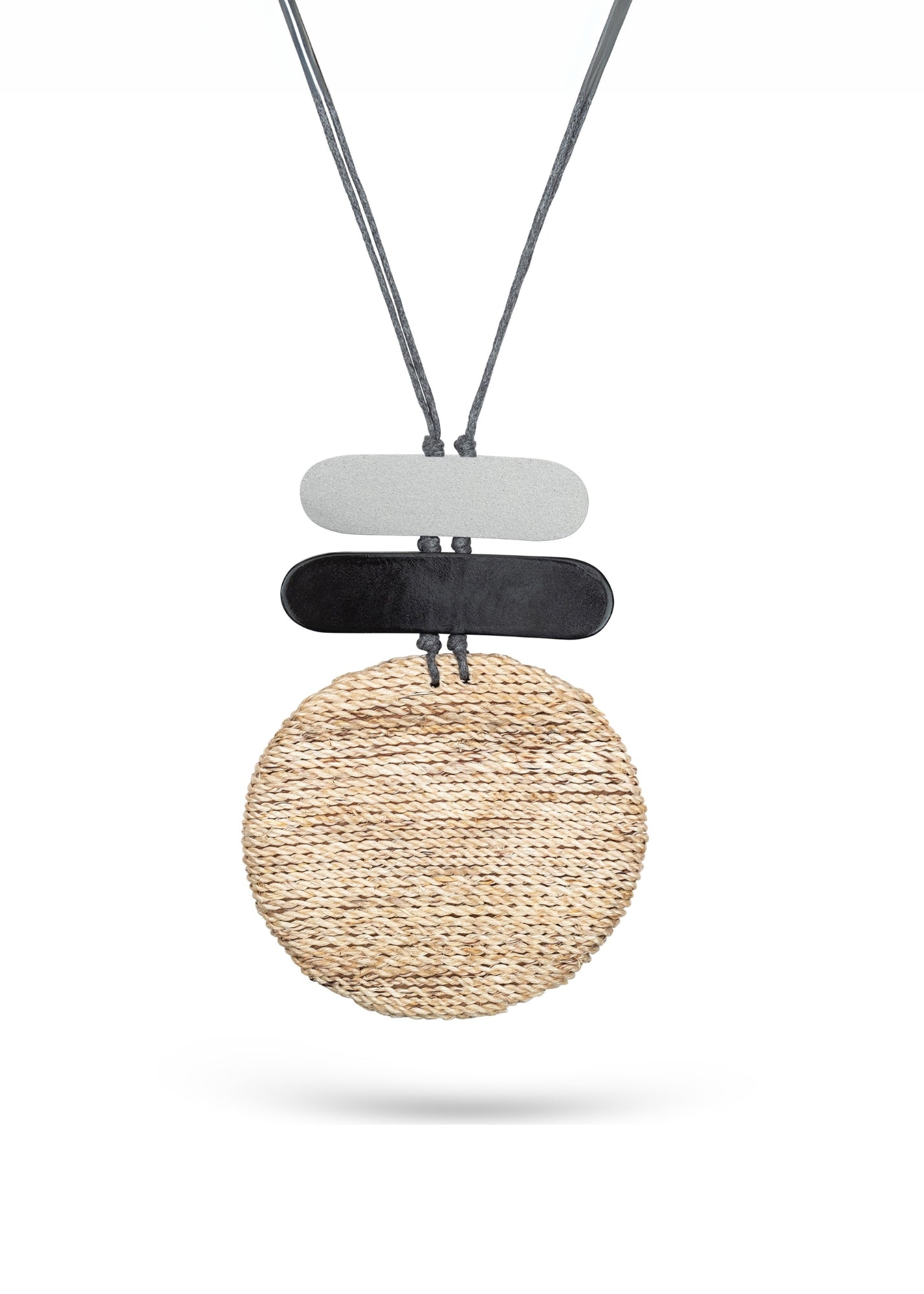 Handmade wooden necklace with two stripes and a silver straw disc