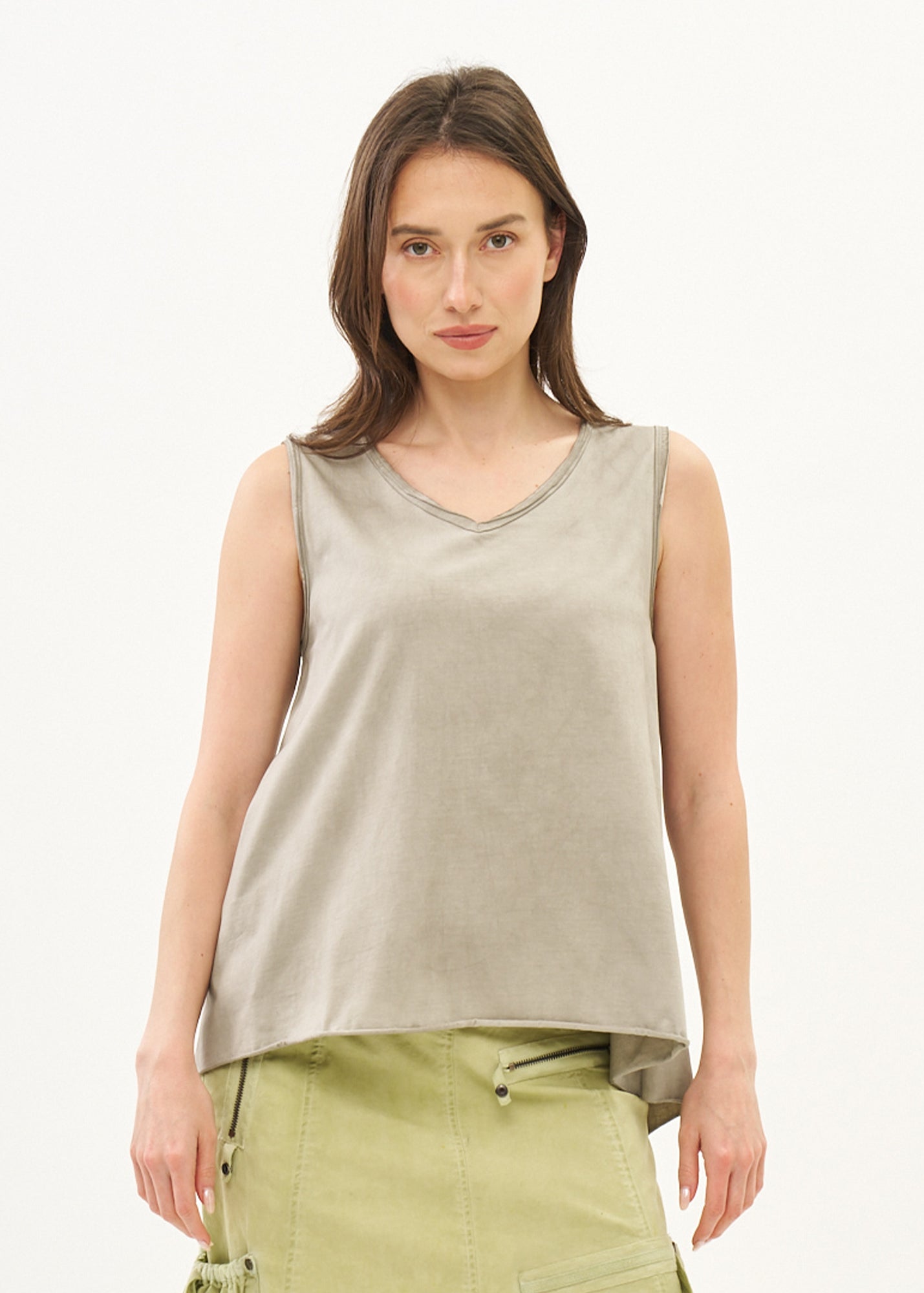 Wash-dyed tank top with mesh accents in washed grey
