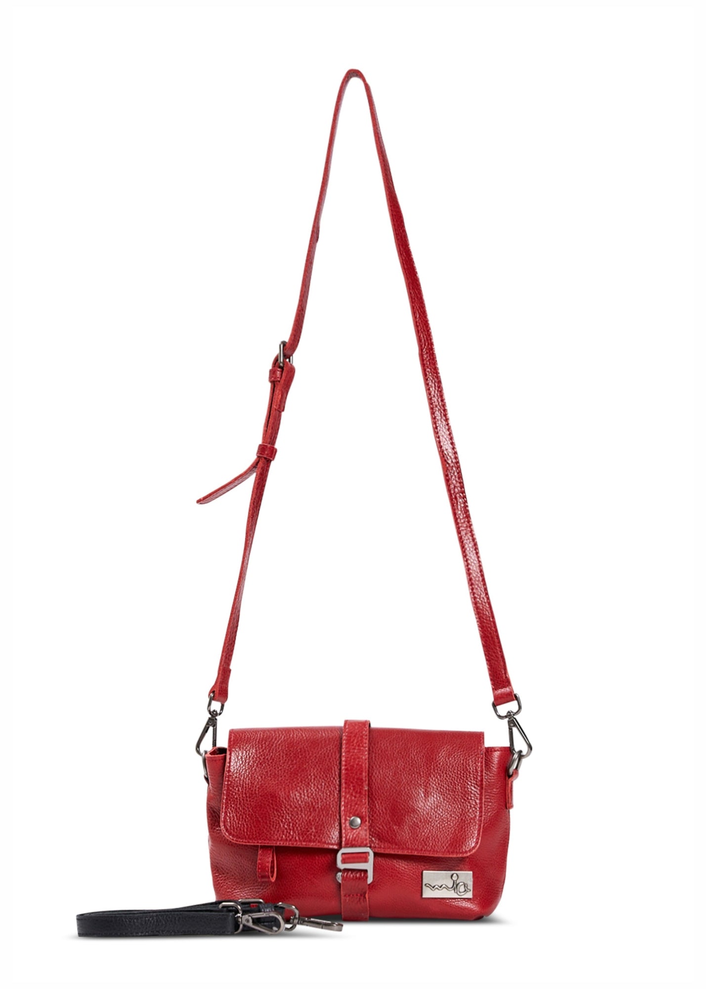 Leather evening bag with buckle closure and additional strap, red