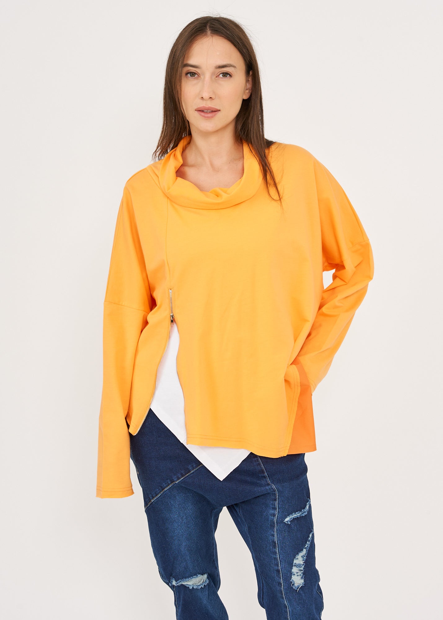 Orange twill combination turtleneck sweatshirt