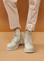Washed gray leather boots with laces and zipper
