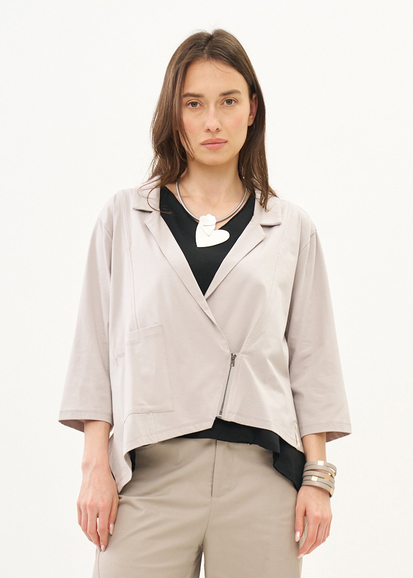 Light gray diagonal zipper 3/4 sleeve top