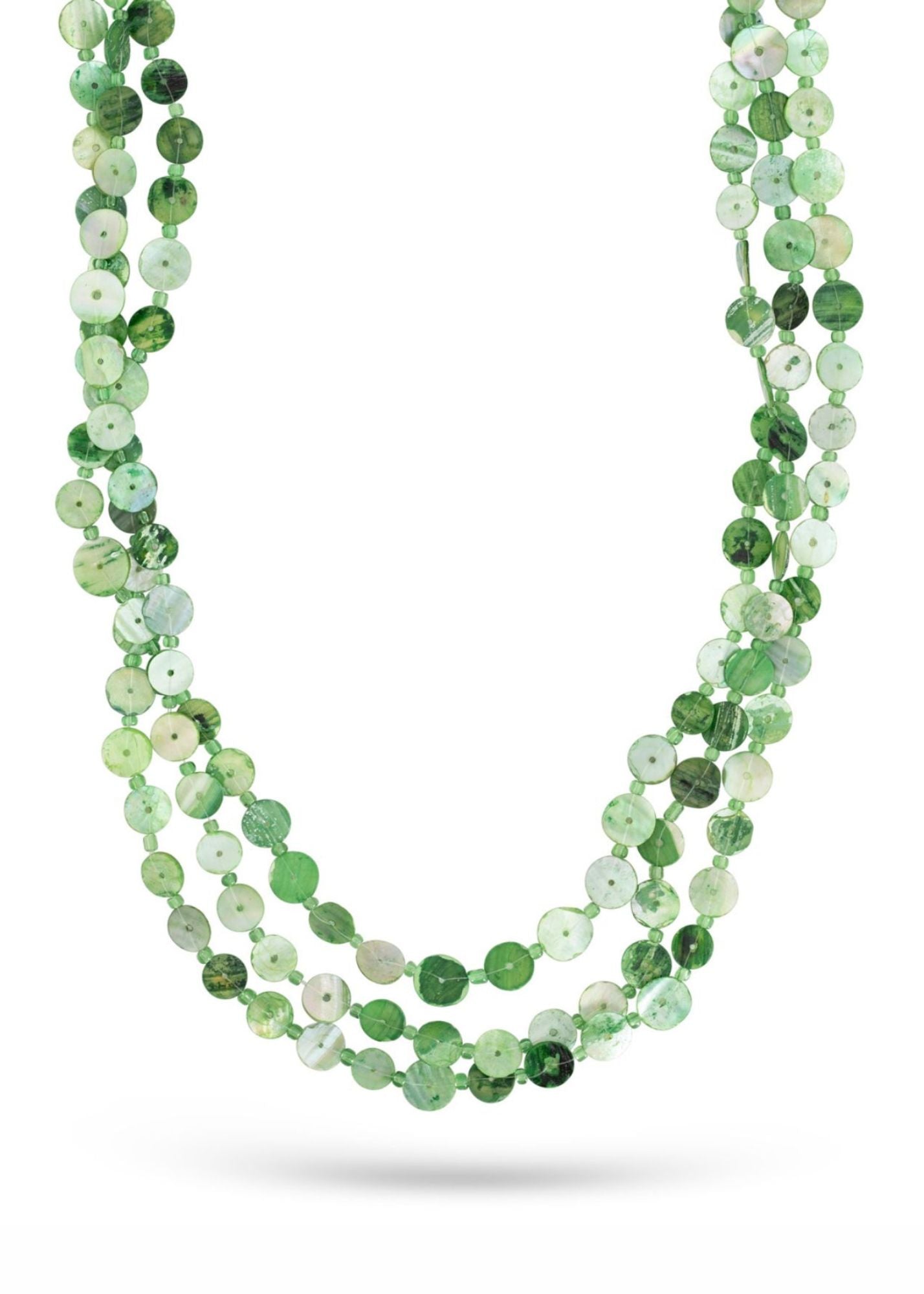 Handmade necklace rows of dark green round shells