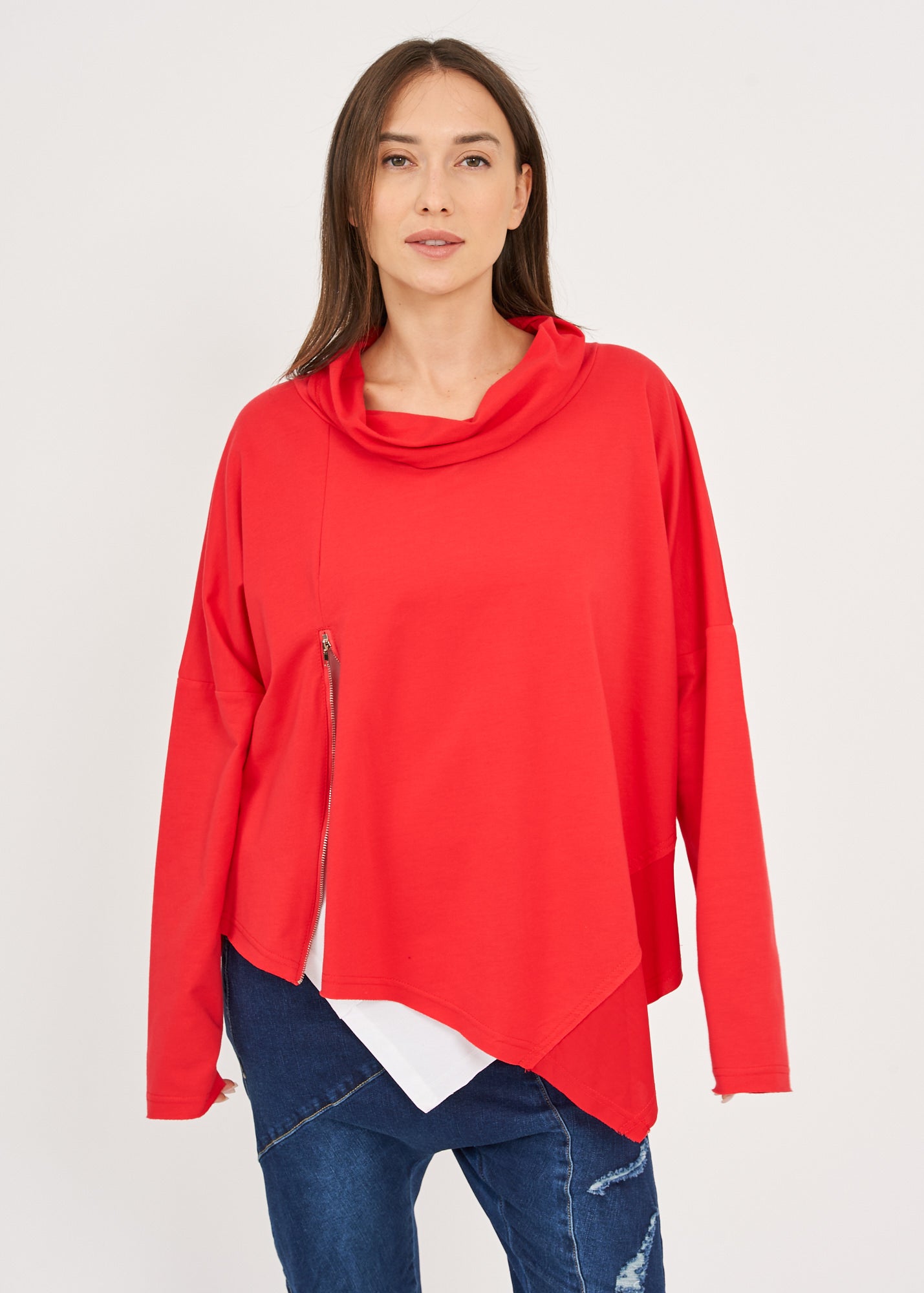 Red twill combination turtleneck sweatshirt