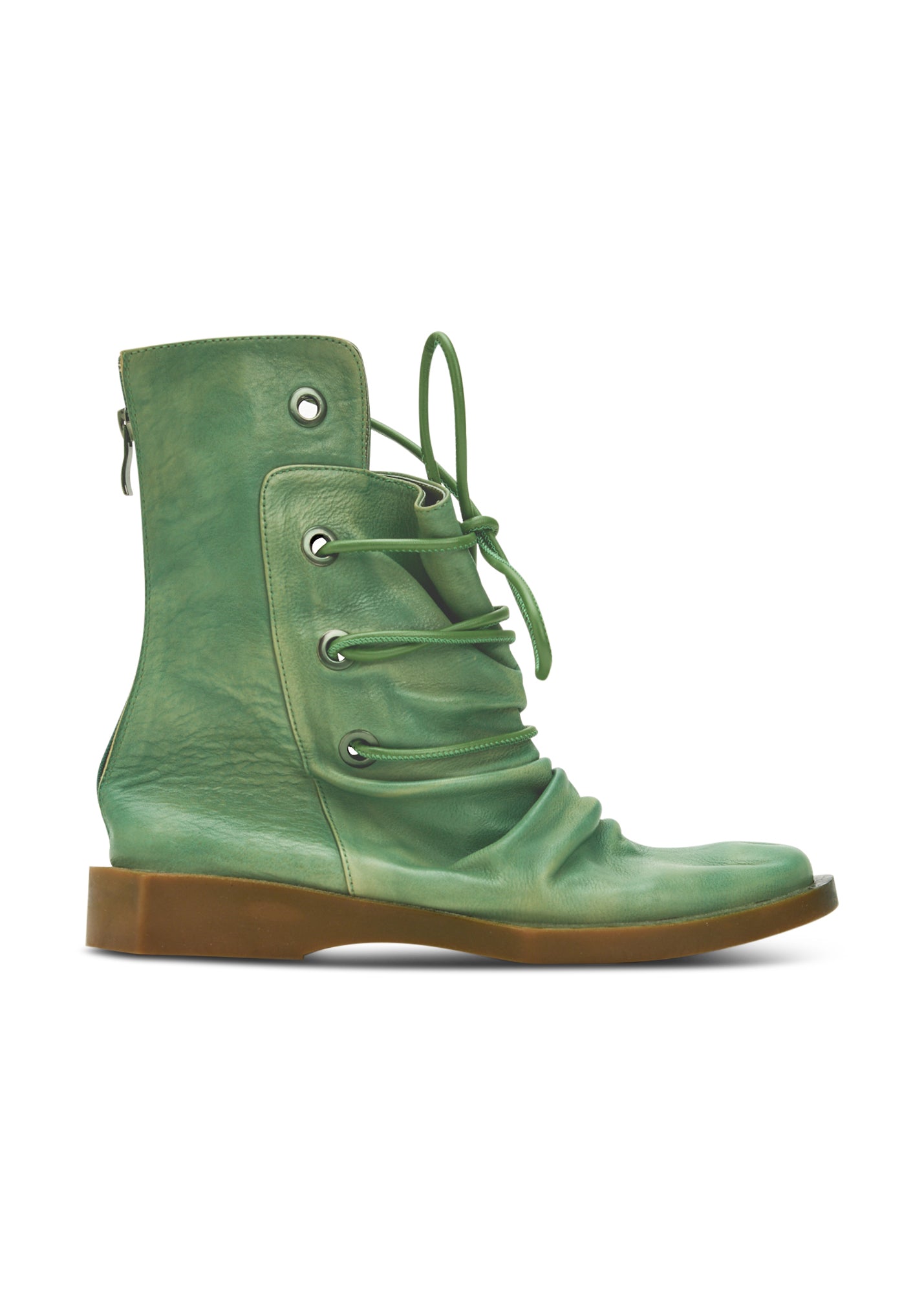 Women's boots with leather lacing and green zipper