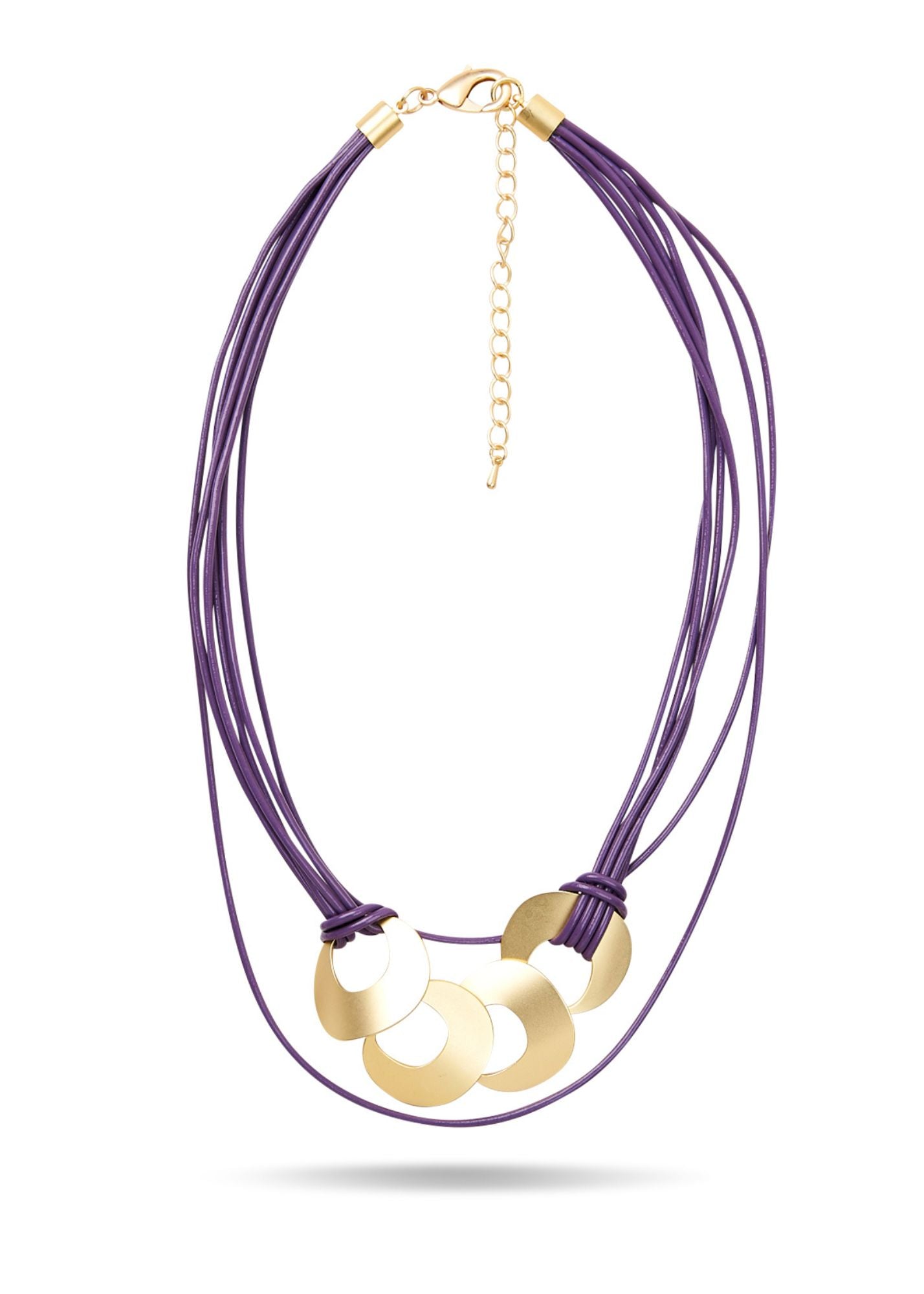 Leather cord necklace and purple metal rings