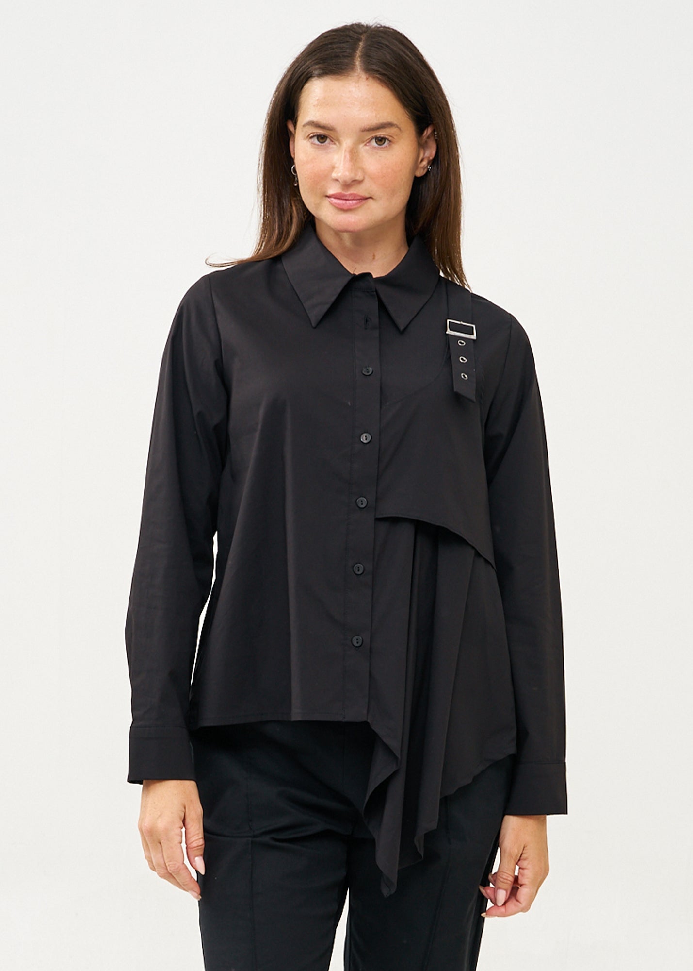 Black button-down shirt with half-waist and pleats
