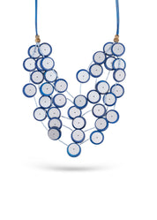 Handmade necklace with coconut buttons, sequins and dark blue plastic beads