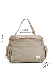 Beige canvas and leather top zip backpack