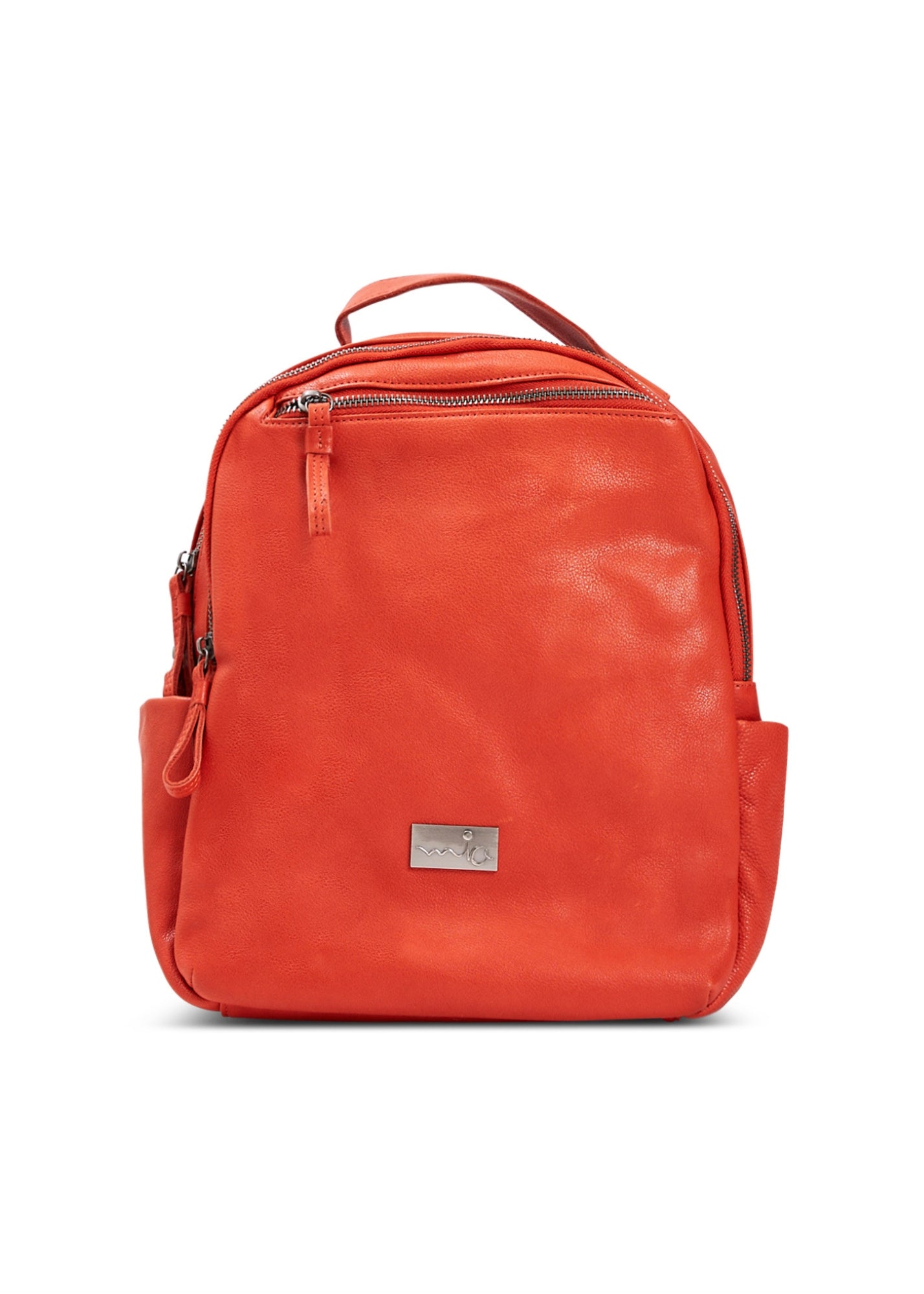 Orange front zipper leather backpack