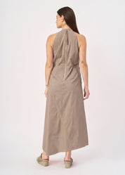 Halter-neck dress with ruching and a brown ribbon