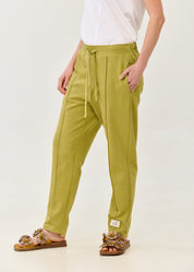 Pants seam in the middle and a green patch