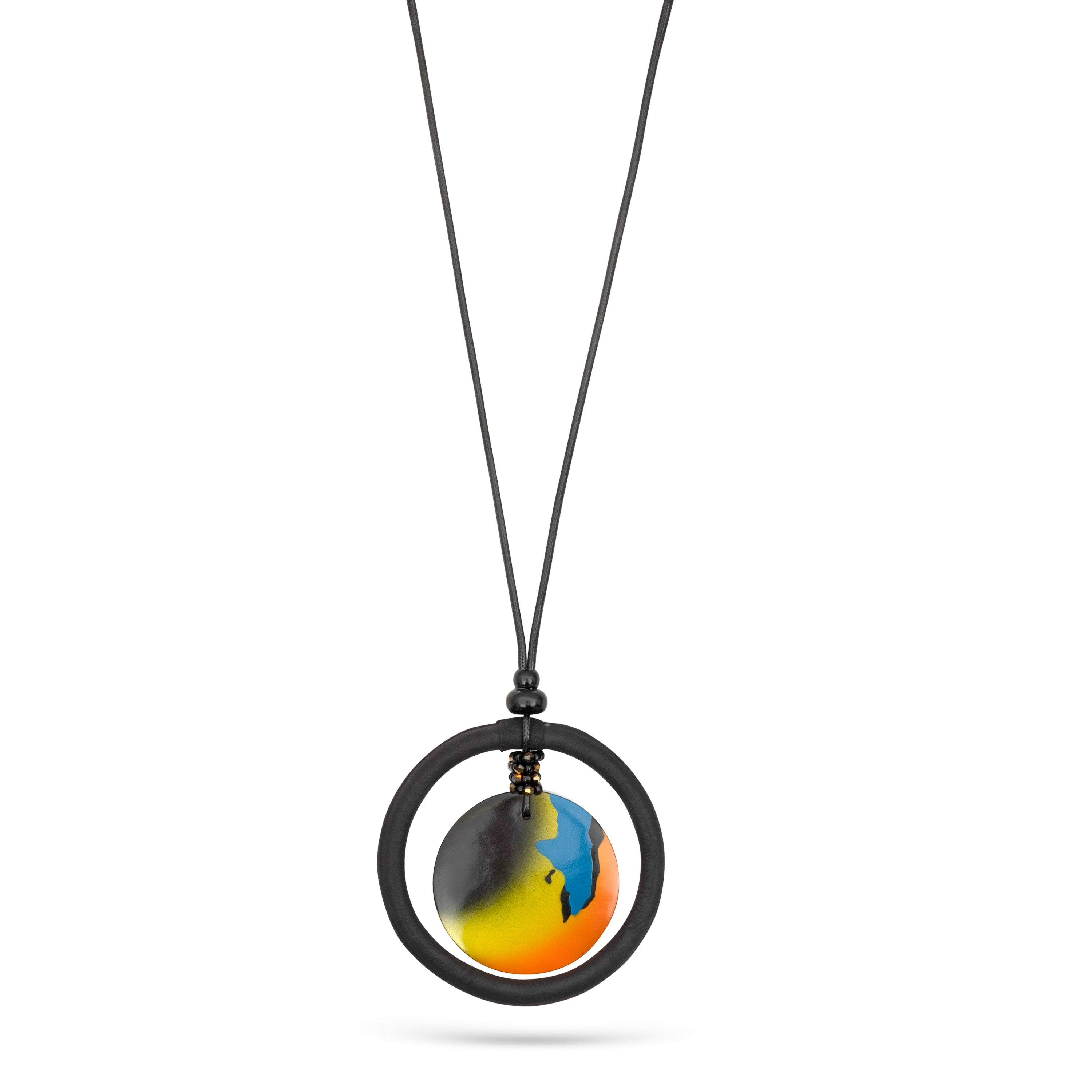 Leather ring chain and painted black silver pendant