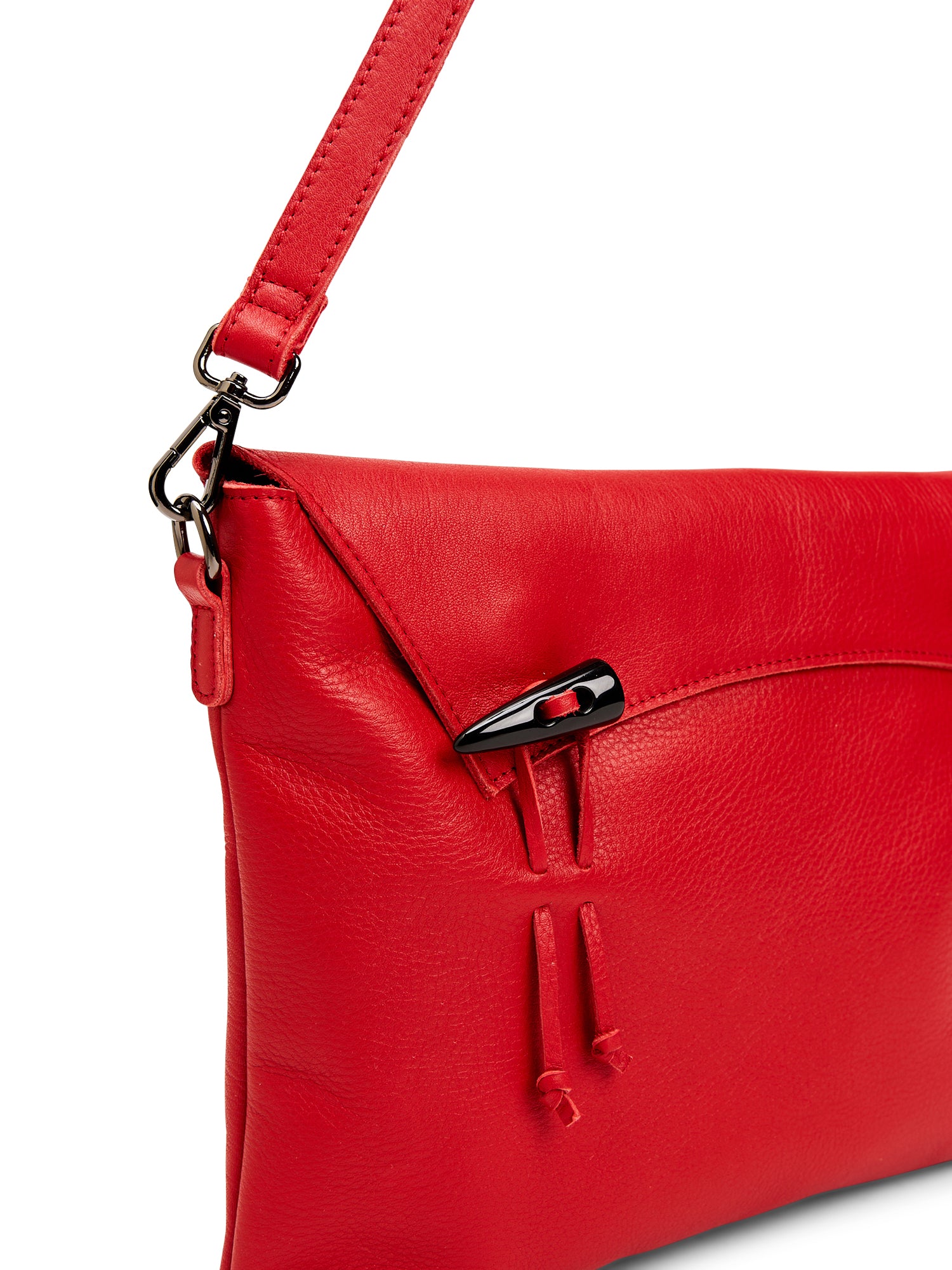 Red magnet and loop closure leather bag