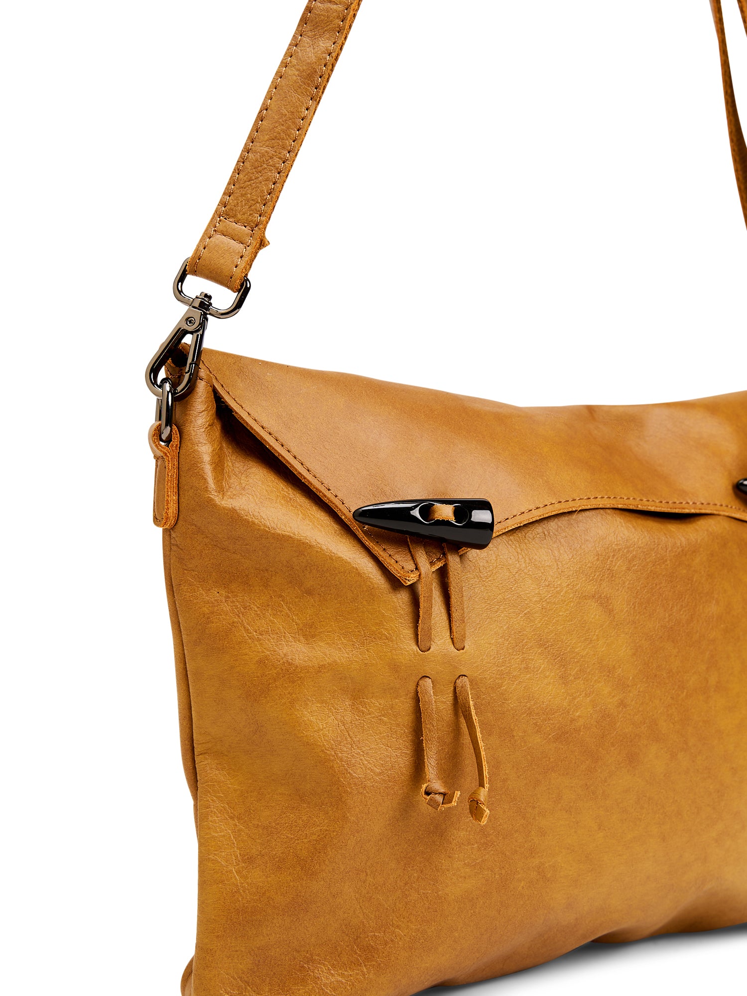 Brown magnet and loop closure leather bag