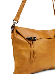 Brown magnet and loop closure leather bag