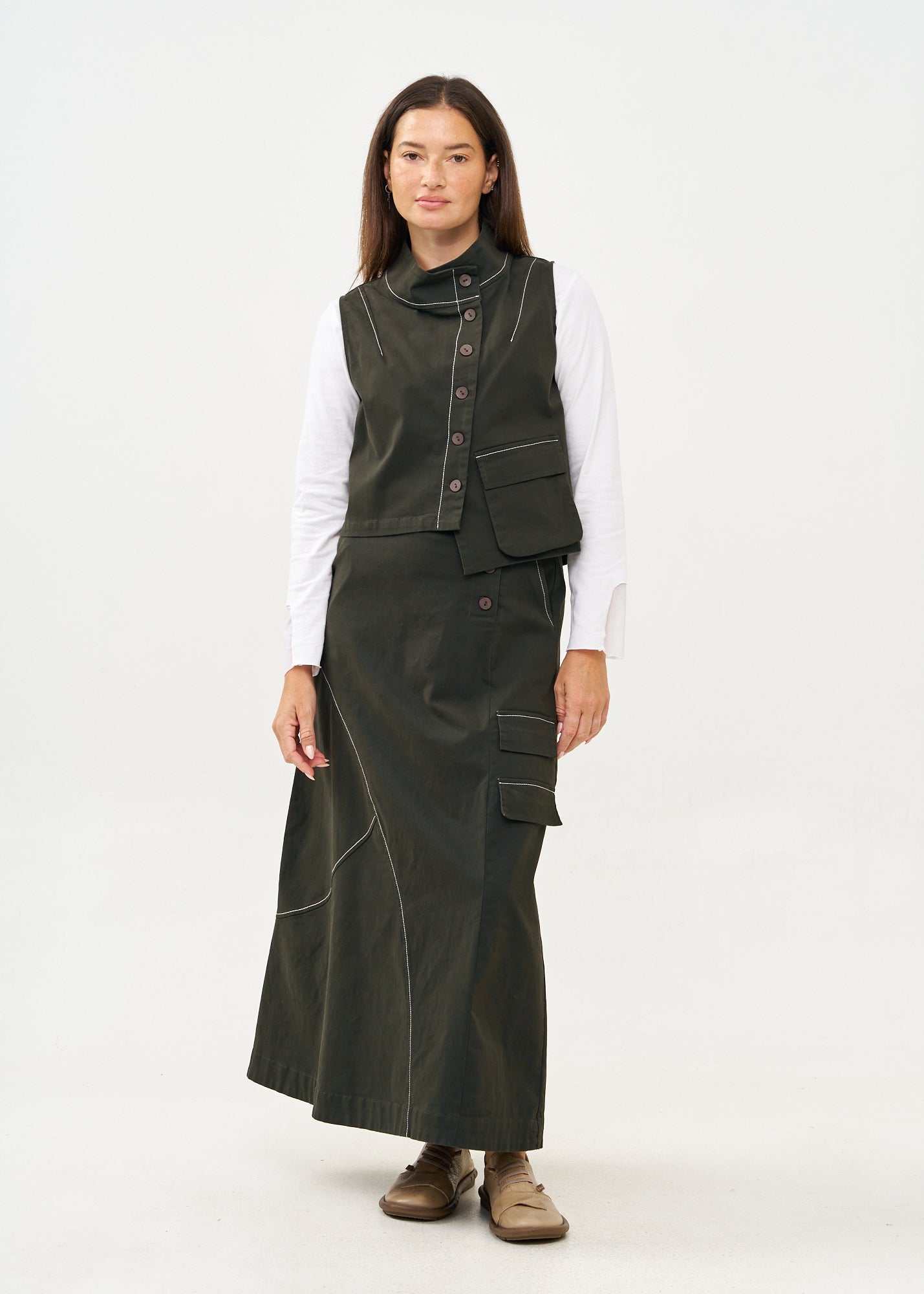 Asymmetrical vest with prominent stitching in gray