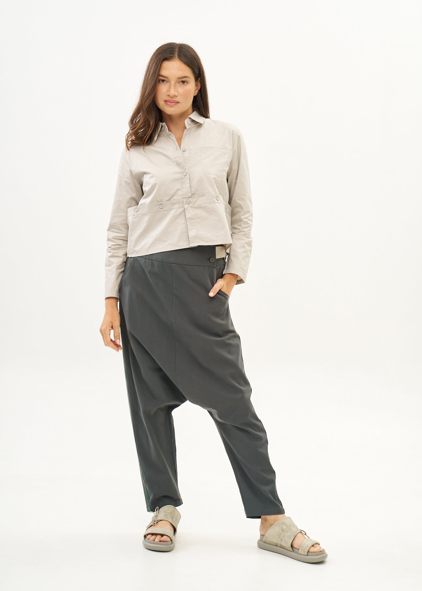 Trousers two buckles green tape combination