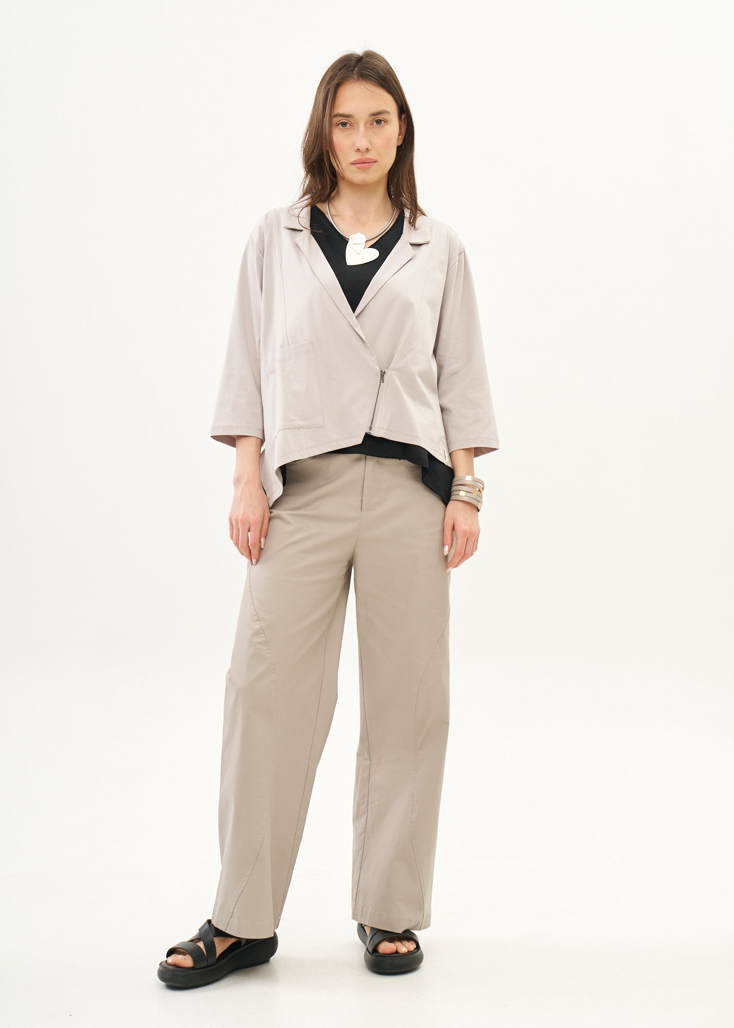 Light gray diagonal zipper 3/4 sleeve top
