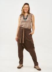 Reverse cut baggy pants with brown belt