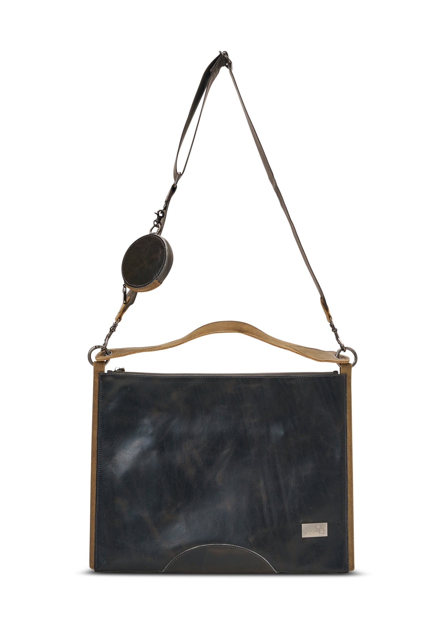 Color combination leather side bag and dark brown wallet