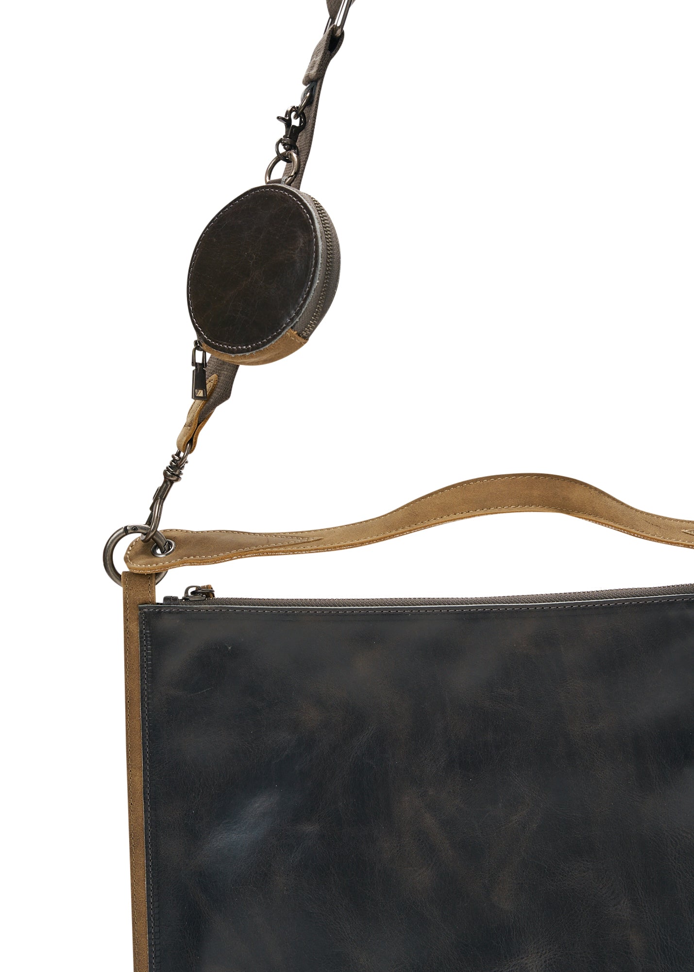 Color combination leather side bag and dark brown wallet