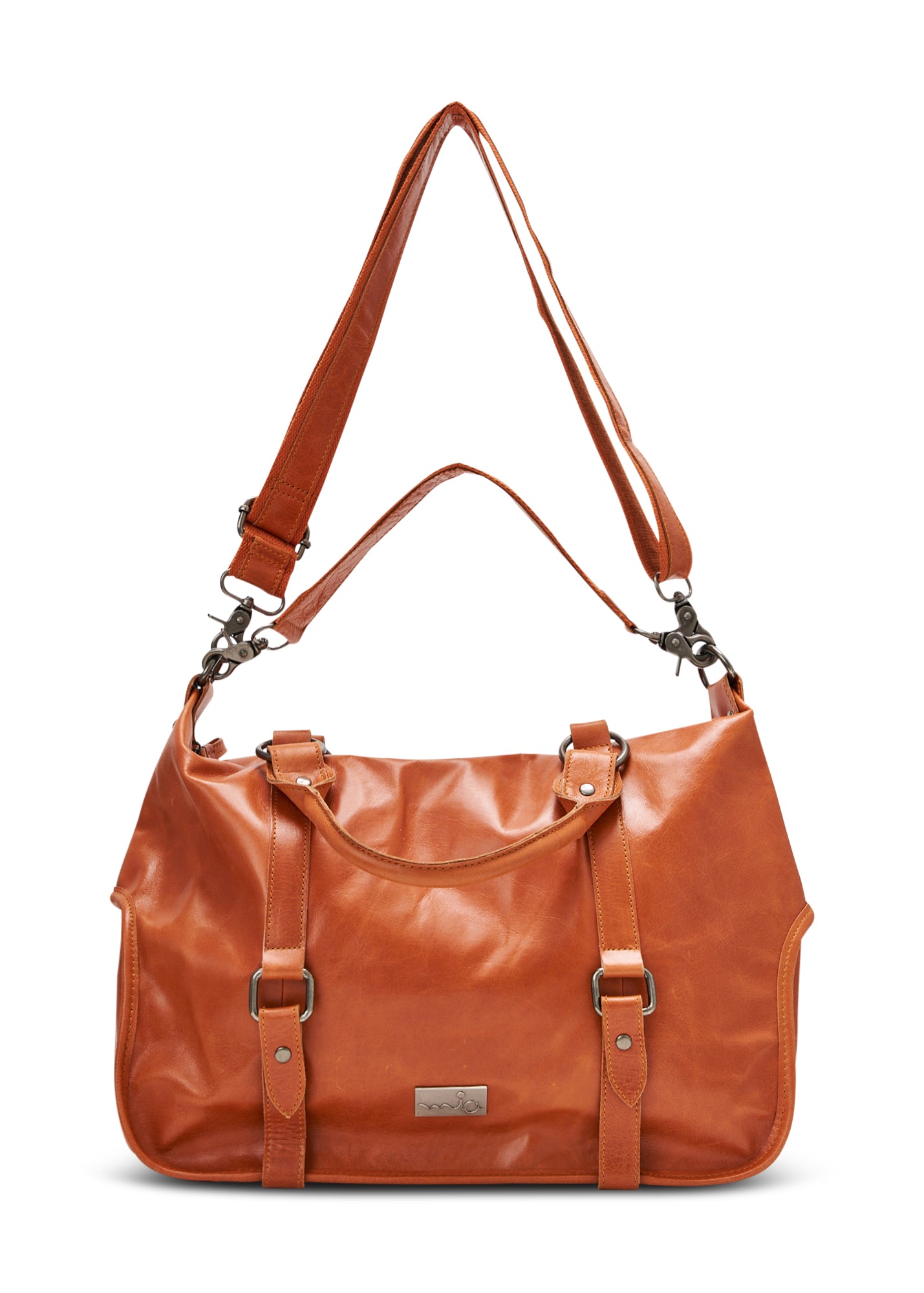 Side leather bag with a combination of brown straps