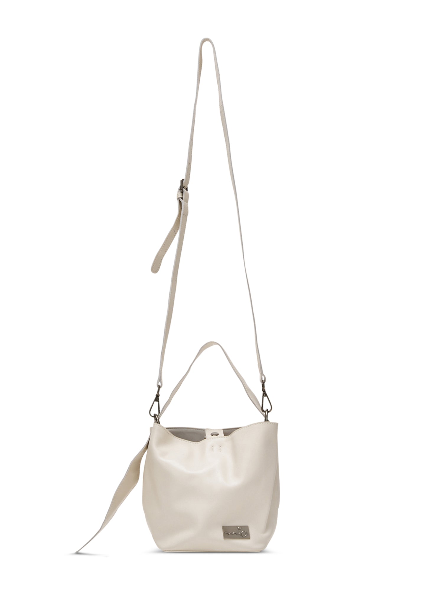Small beige leather evening bucket bag