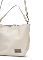 Small beige leather evening bucket bag