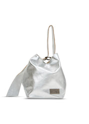 Small silver evening leather bucket bag