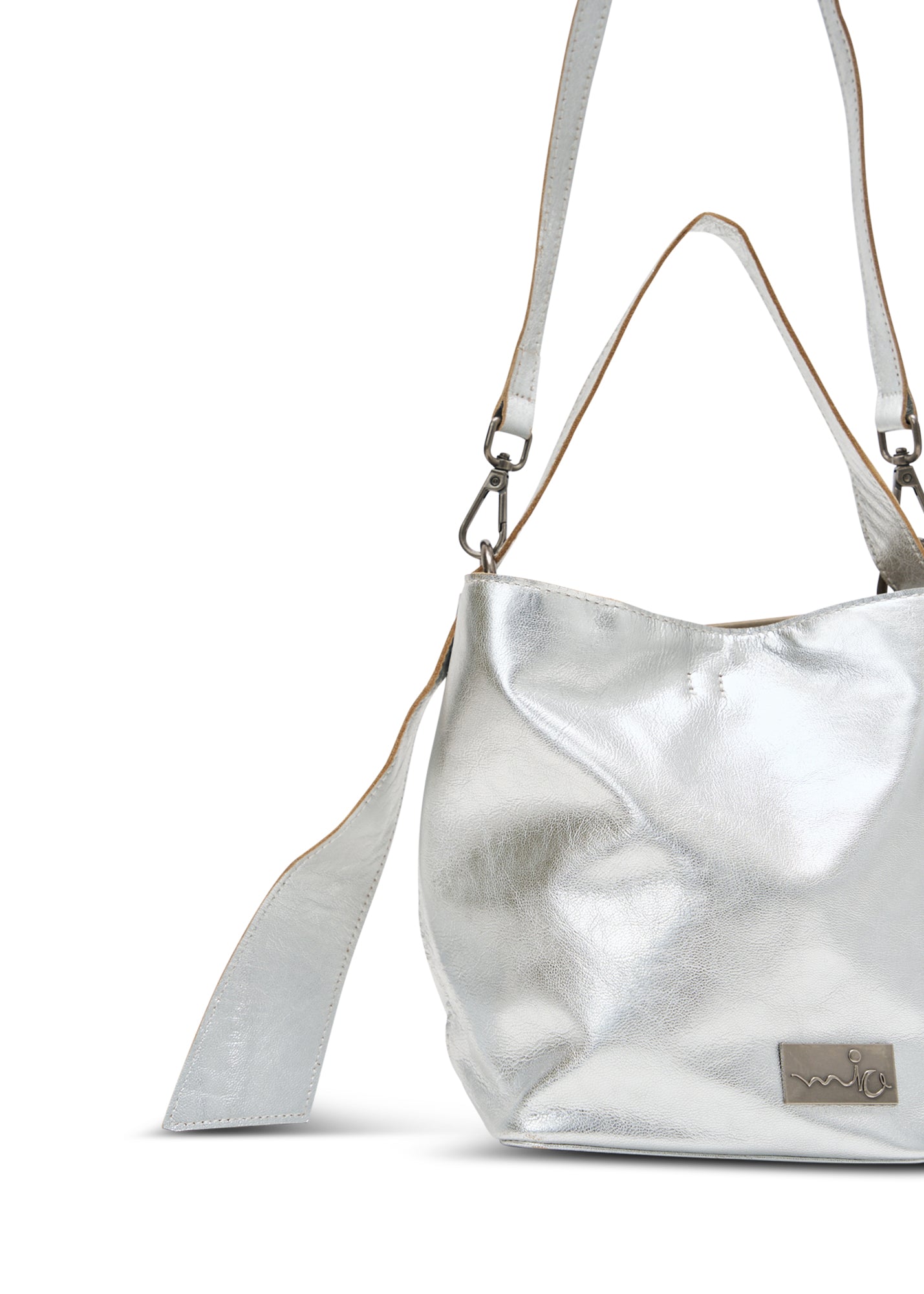 Small silver evening leather bucket bag