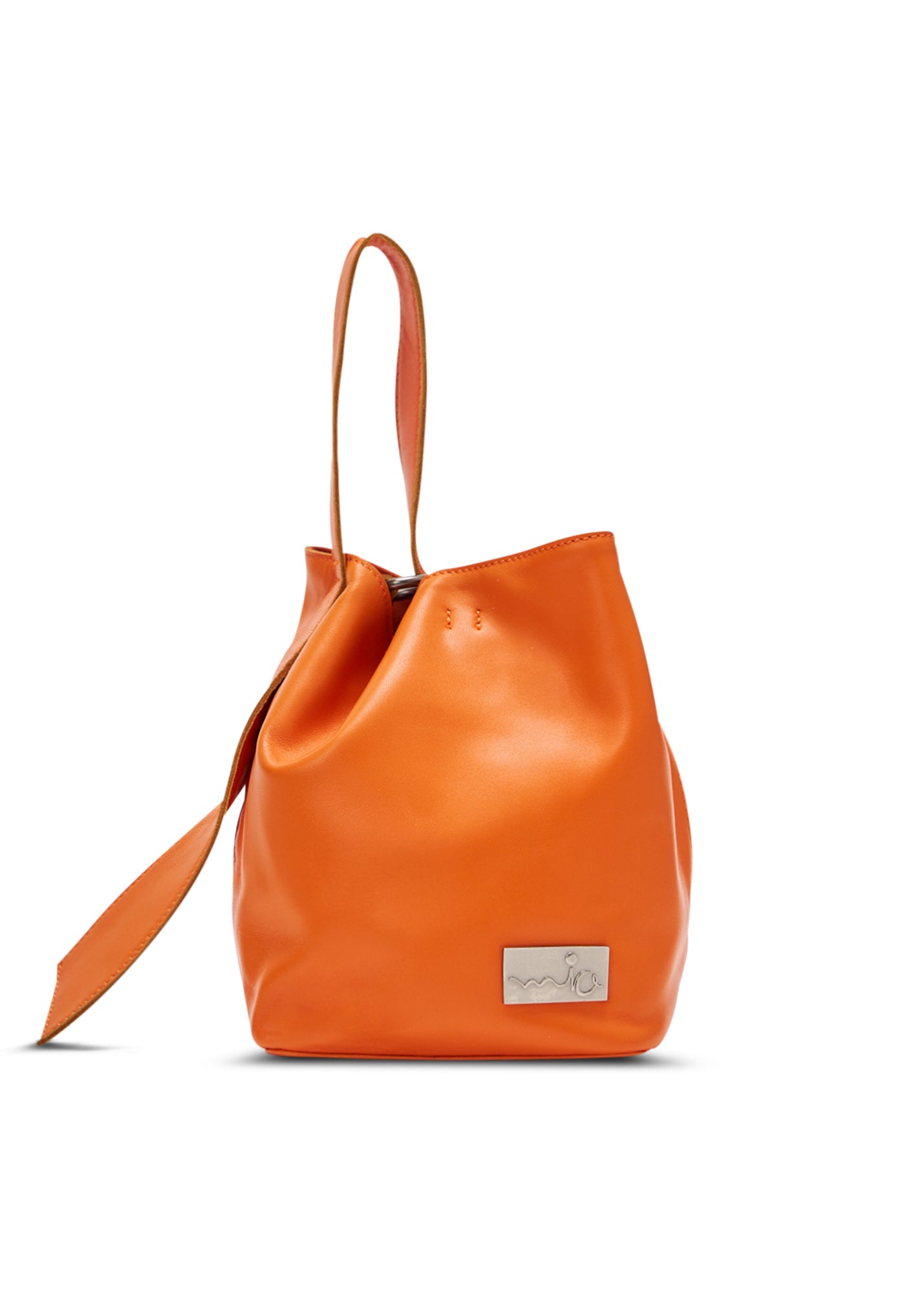 Small orange leather evening bucket bag