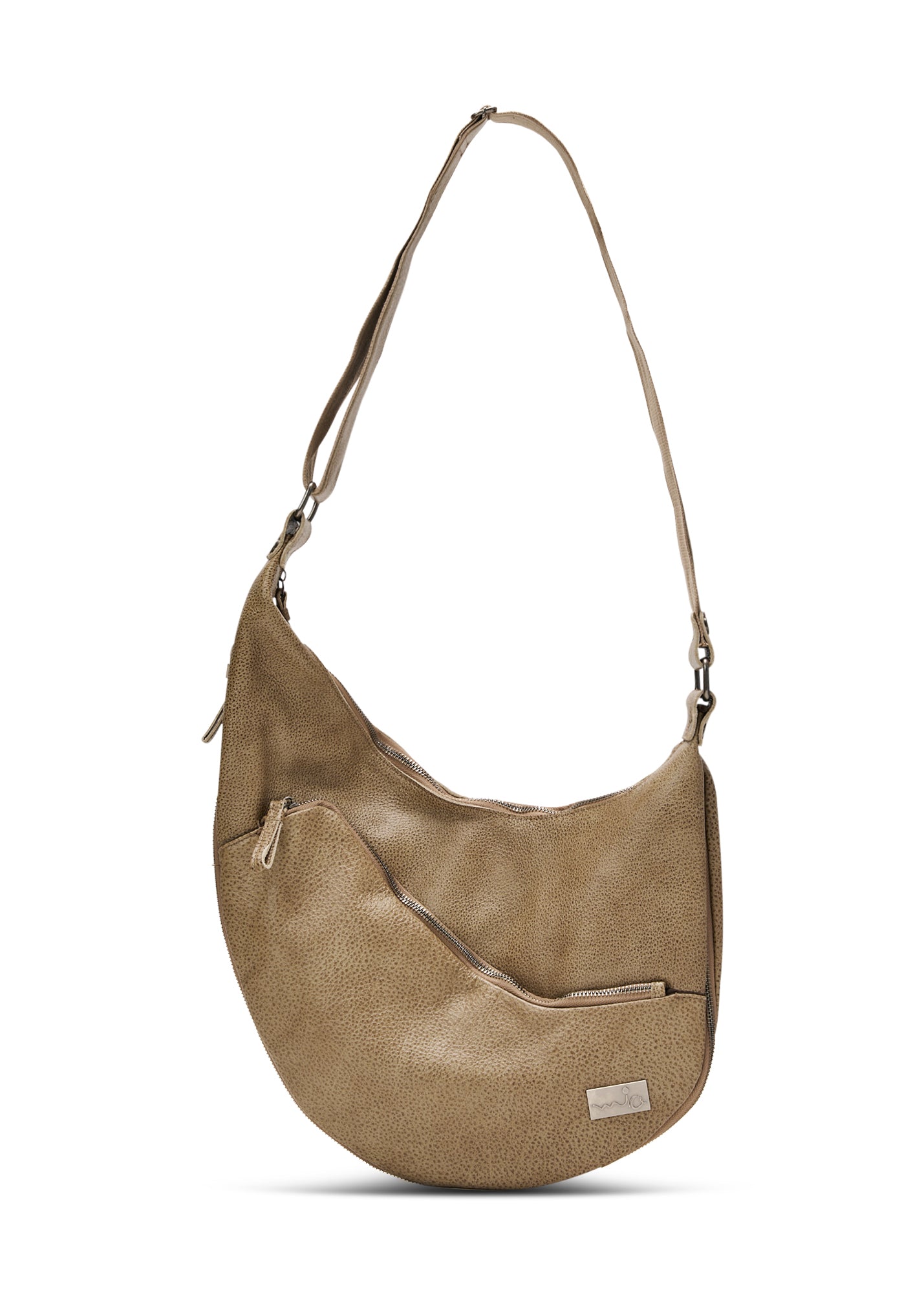 Asymmetrical side leather bag with bottom zipper, brown