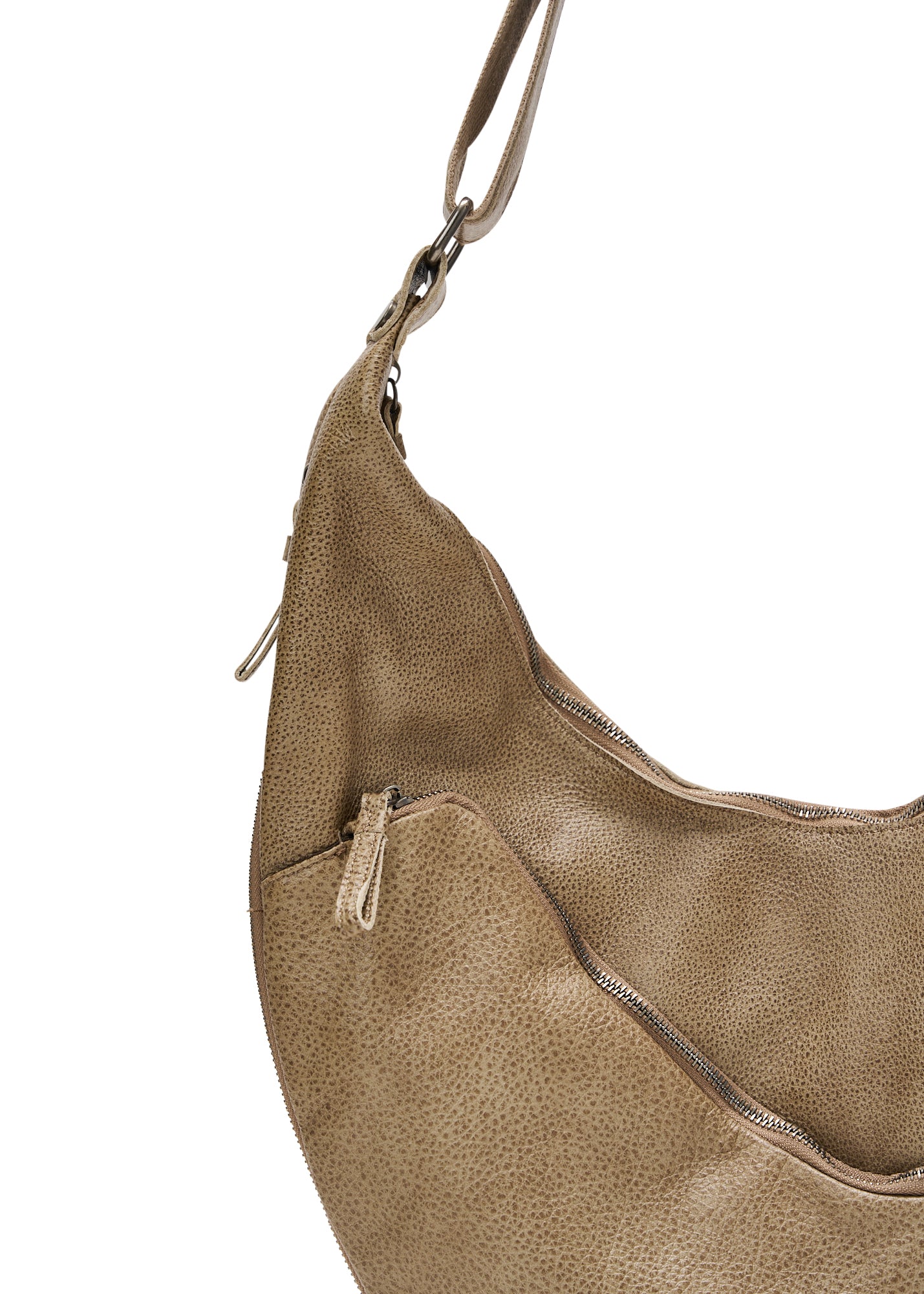 Asymmetrical side leather bag with bottom zipper, brown